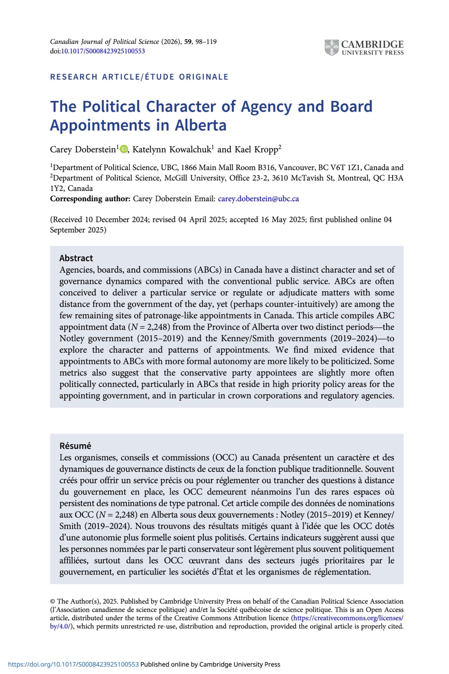First page of The Political Character of Agency and Board Appointments in Alberta
