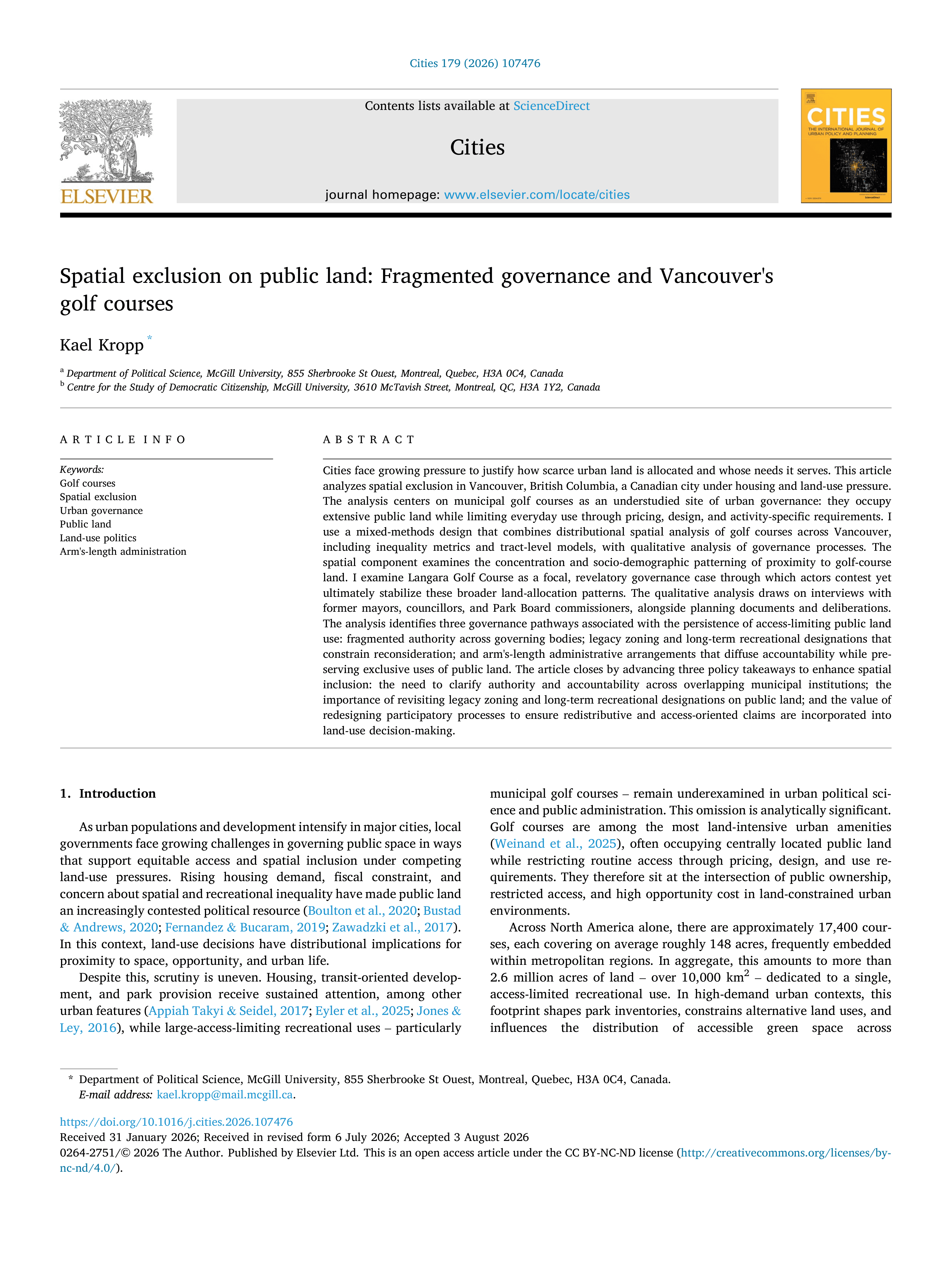 First page of Spatial exclusion on public land: Fragmented governance and Vancouver's golf courses