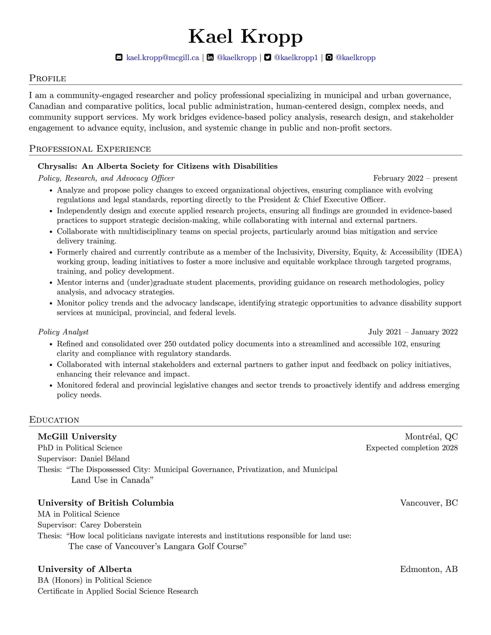 Preview of Kael Kropp’s policy and research résumé